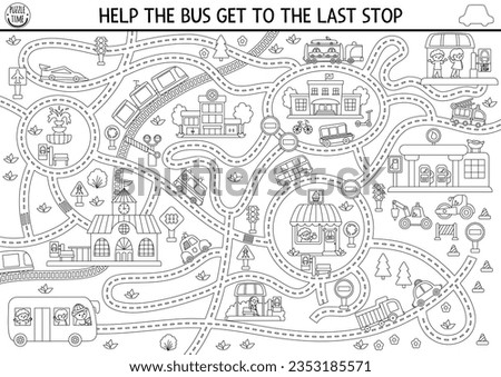 Transportation black and white maze for kids with city landscape, cars, passengers. Transport line preschool printable activity, coloring page. Labyrinth game, puzzle. Help bus get to last stop
