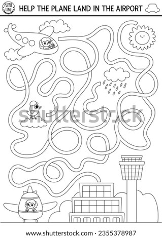 Transportation black and white maze for kids with city landscape, airplane. Line transport preschool printable activity. Labyrinth game or coloring page with pilot. Help plane land in airport
