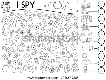 Transportation I spy black and white game for kids. Searching and counting line activity with car, bus, tram, taxi, truck, traffic lights, road signs. City printable worksheet, coloring page, puzzle
