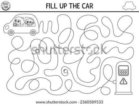 Transportation black and white maze for kids with electric auto, driver, passenger. Ecological transport line preschool printable activity. Labyrinth game, puzzle, coloring page. Fill up electro car