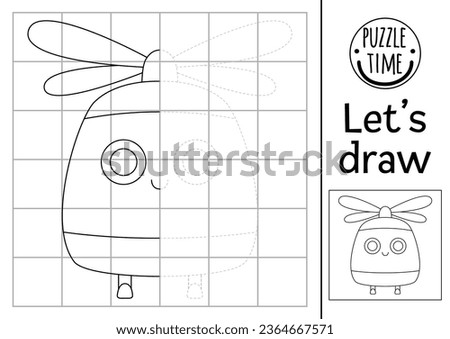 Complete the helicopter picture. Vector transportation symmetrical drawing practice worksheet. Printable black and white activity for kids. Copy the picture transport coloring page
