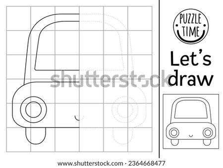 Complete the car picture. Vector transportation symmetrical drawing practice worksheet. Printable black and white activity for kids. Copy the picture transport coloring page with auto
