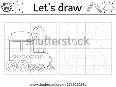 Draw the train. Vector transport drawing practice worksheet. Printable black and white activity for kids with engine. Transportation copy or complete the picture coloring page
