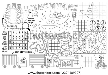 Vector transportation placemat for kids. Transport printable activity mat with maze, tic tac toe chart, connect the dots, find difference. Black and white play mat, coloring page with car, train