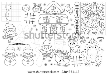 Vector kawaii Christmas placemat for kids. Winter holiday printable activity mat with maze, tic tac toe chart, connect the dots, find difference. Black and white winter play mat or coloring page