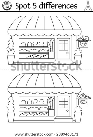 Find differences game for children. Educational black and white activity with cute bakery, croissant, baguette. Puzzle for kids with funny French bread shop. Printable worksheet or coloring page
