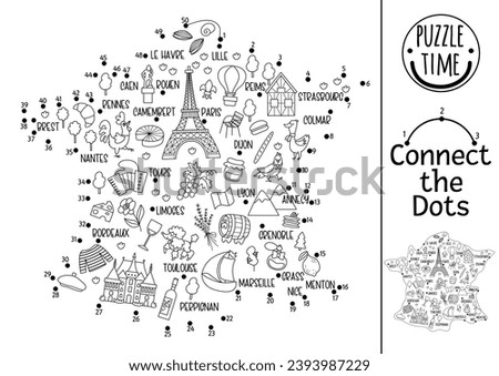 Vector dot-to-dot and color activity with French map, cities, landmarks, symbols. France themed connect the dots game for children. French coloring page for kids. Printable worksheet
