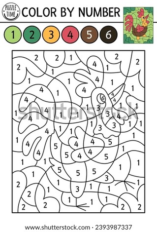 Vector France themed color by number activity with rooster. French traditional animal scene. Black and white counting game with cockerel. Coloring page for kids with cute bird
