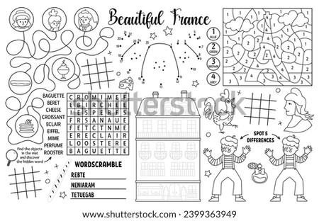 Vector France placemat for kids. French printable activity mat with maze, tic tac toe chart, connect the dots, find difference. Black and white play mat, coloring page with Eiffel Tower, croissant