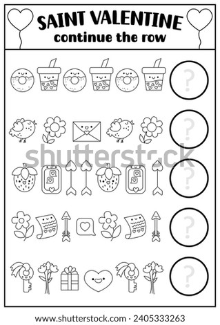 What comes next. Saint Valentine black and white kawaii matching activity for preschool kids with traditional holiday symbols. Love holiday worksheet, coloring page. Continue the row game
