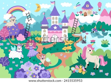 Vector unicorn themed landscape illustration. Fairytale scene with characters, castle, rainbow, forest. Magic nature background with fairy, animals with horns. Fantasy world picture for kids
