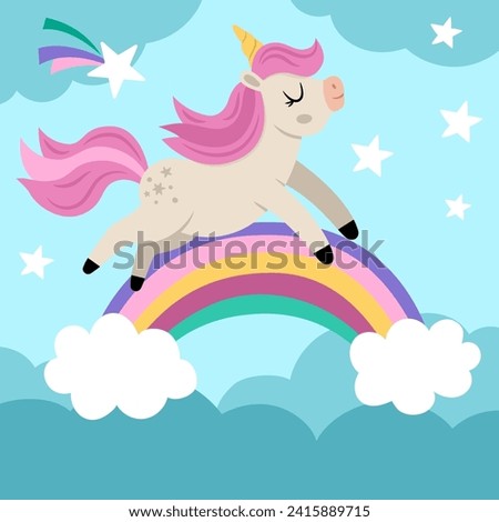 Vector square background with unicorn running above the rainbow under night sky. Magic or fantasy world scene. Fairytale landscape for card, post, book. Cute horse illustration for kids 
