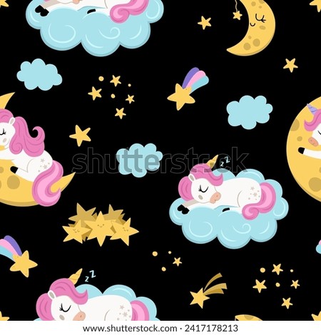 Vector seamless pattern with sleeping unicorns. Repeat background with fairytale characters, falling stars, moon, clouds. Fantasy world digital paper. Good night texture on black backdrop
