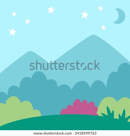 Vector blue abstract background with clouds, stars, half moon, green field, forest, mountains. Magic or fantasy world scene. Cute fairytale square nature landscape. Night sky illustration for kids 
