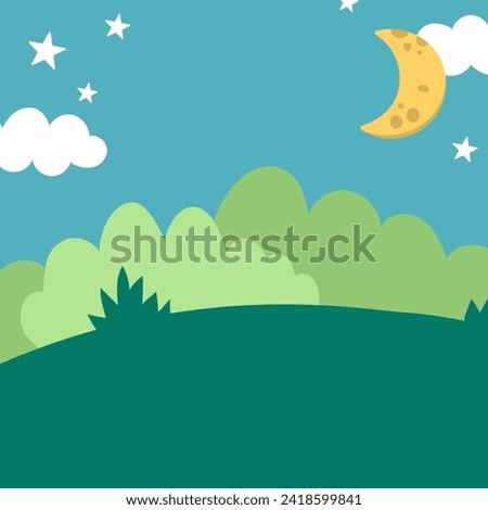 Vector blue abstract background with clouds, stars, half moon, green field, bushes. Magic or fantasy world scene. Cute fairytale square nature landscape for card. Night sky illustration for kids 
