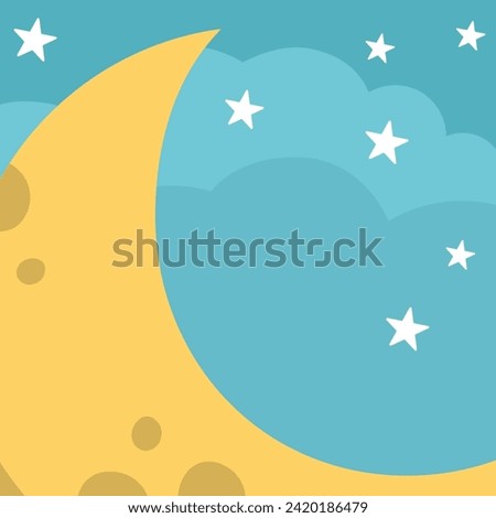 Vector blue abstract background with clouds, stars, half moon. Magic or fantasy world scene with place for text. Cute fairytale square nature landscape for card. Night sky illustration for kids 
