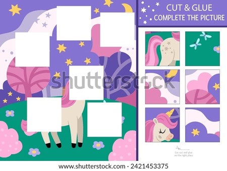 Vector unicorn cut and glue activity. Fairytale crafting game with cute animal, magic forest landscape. Fill up the scene with square sticker. Find the right piece of puzzle. Complete the picture
