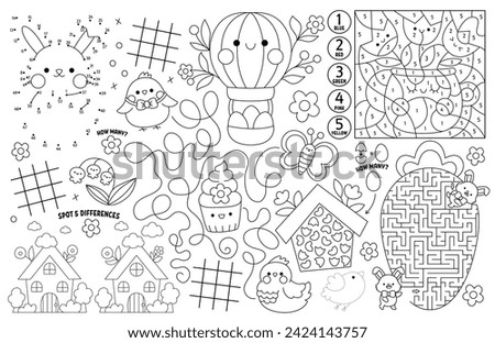 Vector kawaii Easter placemat for kids. Spring holiday printable activity mat with maze, tic tac toe charts, connect the dots, find difference. Black and white play mat, coloring page with bunny
