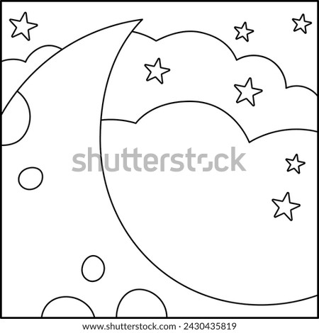 Vector black and white abstract background with clouds, stars, half moon. Magic or fantasy world line scene. Cute fairytale square nature landscape or coloring page. Night sky illustration for kids 
