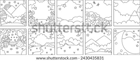 Vector set of black and white abstract backgrounds with clouds, stars, moon, garden, field, magic forest. Fantasy world line scenes collection. Fairytale square nature landscapes, coloring pages
