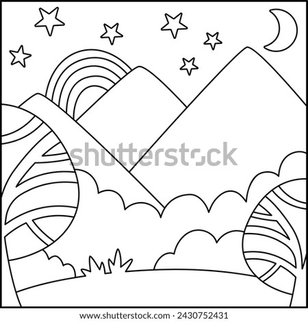 Vector black and white abstract background with clouds, stars, half moon, forest, mountains. Magic or fantasy world line scene. Cute fairytale square nature landscape, coloring page

