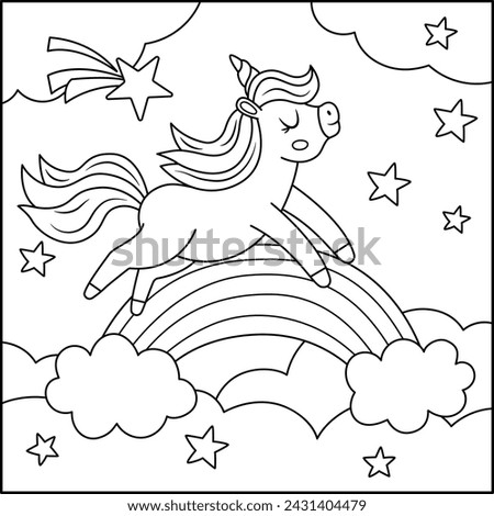 Vector black and white square background with unicorn running above the rainbow under night sky. Magic world line scene. Fairytale landscape coloring page. Cute horse illustration for kids 
