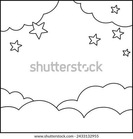 Vector black and white abstract background with clouds and stars. Magic or fantasy world line scene. Cute fairytale square nature landscape or coloring page. Night sky illustration for kids 
