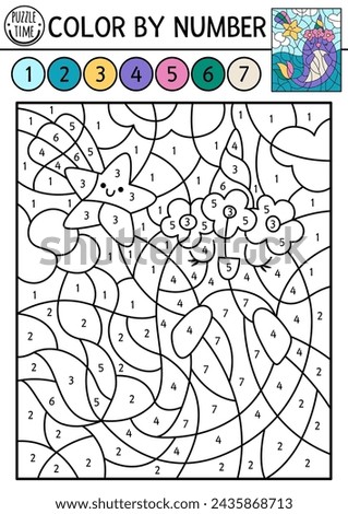 Vector color by number activity with narval and falling star stars, half-moon. Fairytale landscape scene. Black and white counting game with cute little fantasy animal. Magic coloring page for kids
