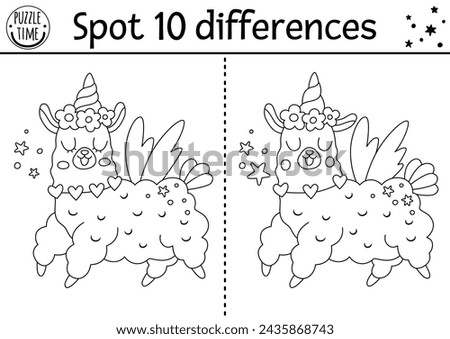 Black and white find differences game for children with unicorn llama. Fairytale line activity with funny alpaca, horn. Cute puzzle for kids with fantasy characters. Printable worksheet, coloring page