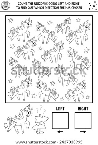 Unicorn black and white logic game with right and left concept for kids. Line I spy searching, counting activity with cute horse. Fairytale printable space orientation worksheet, coloring page
