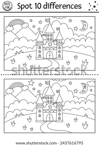 Unicorn black and white find differences game for children. Fairytale line activity with castle, rainbow, magic kingdom, night landscape. Cute coloring puzzle for kids with funny fantasy character
