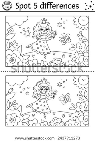 Unicorn black and white find differences game. Fairytale line activity with fairy girl dancing on meadow with magic wand, flower background. Cute coloring page puzzle for kids with fantasy character