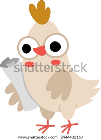 Vector hen engineer with blueprint. Construction site worker illustration for kids. Funny builder chicken character with plan. Cute bird repairmen icon isolated on white background
