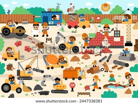 Vector construction site and road work landscape illustration. Building scene with funny kid builders, transport, bulldozer, tractor, truck, crawler crane, animals. Cute repair service background
