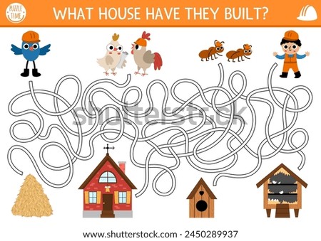 Construction site maze for kids with animals and builder, houses they built. Building works preschool printable activity, labyrinth game, puzzle with worker, birds, homes made of different material
