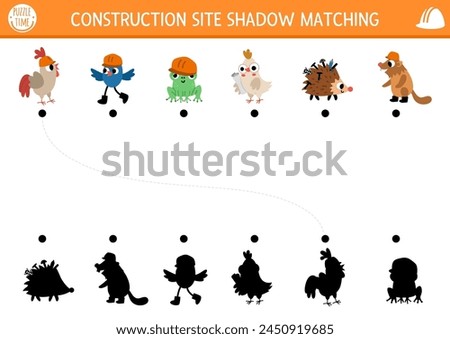 Construction site shadow matching activity with animal and bird workers in hard hats. Building works puzzle with funny builders. Find correct silhouette printable worksheet or game for kids
