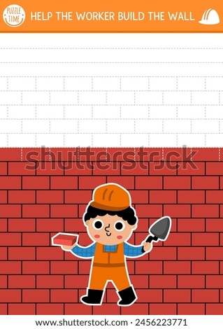 Construction site drawing and writing practice activity with builder. Building works puzzle. Printable worksheet, game for kids with rectangle shape tracing grid. Help the worker build brick wall
