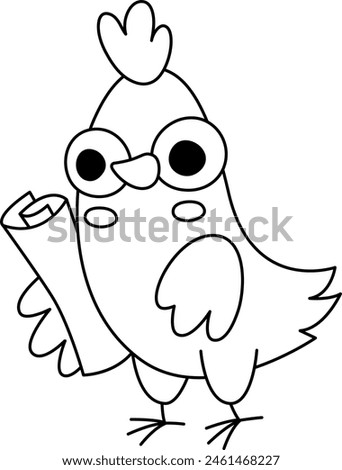 Vector black and white hen engineer with blueprint. Construction site worker line illustration or isolated for kids. Funny builder chicken character with plan. Cute bird repairmen icon
