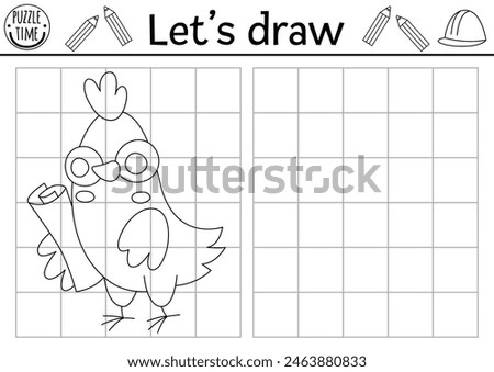 Draw the hen worker. Vector construction site drawing practice worksheet with bird engineer with plan. Printable black and white activity for kids. Copy or complete the picture coloring page
