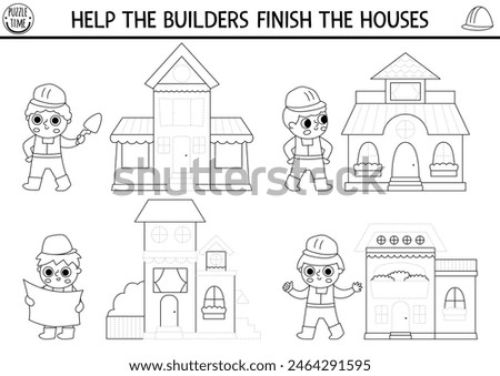 Vector construction site drawing practice worksheet. Printable black and white activity for kids. Repair works coloring page. Help the workers finish the houses. Trace the buildings
