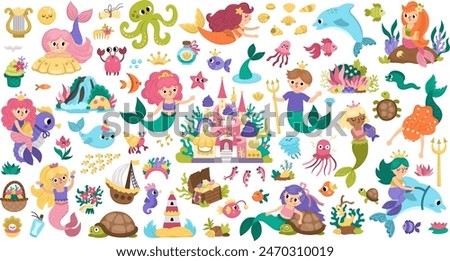 Vector mermaids set. Underwater kingdom collection with princess, fish, castle, seaweeds, animals treasure, tortoise. Cartoon marine fairytale characters for kids. Water adventures clipart
