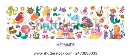 Vector horizontal set with mermaids, castle, water animals. Underwater kingdom card template design with ocean princess, prince. Marine fairytale characters for kids. Cute sea border with sirens
