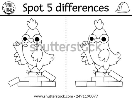 Find differences black and white game. Construction site educational activity with hen architect on brick pile. Cute puzzle for kids with worker. Printable worksheet, coloring page for logic skills