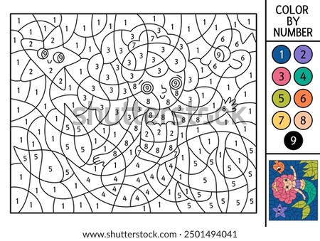 Vector mermaid color by number activity with cute sea princess, starfish. Marine landscape scene. Black and white counting game. Ocean kingdom coloring page for kids with water animal

