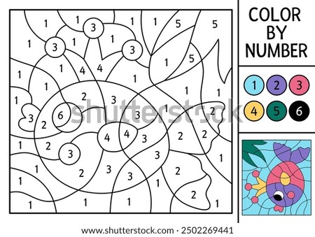 Vector mermaid color by number activity with cute fish with crown. Marine landscape scene. Black and white counting game. Ocean kingdom coloring page for kids with water animal or sea princess
