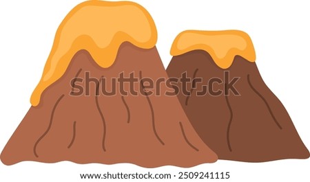 Vector flat volcano mountains with lava illustration. Rocks icon isolated on white background. Prehistoric nature scenery picture. Dinosaur land element
