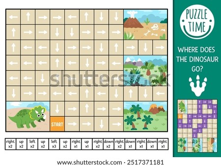 Dinosaur logic maze for kids with triceratops. Prehistoric preschool printable activity. Labyrinth game or puzzle with left, right, up, down concept. Follow the arrow and find out where dino goes 
