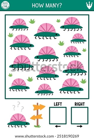 Dinosaur logic game with right and left concept for kids. I spy searching, counting activity with little ancient animal. Prehistoric printable space orientation worksheet for preschool children
