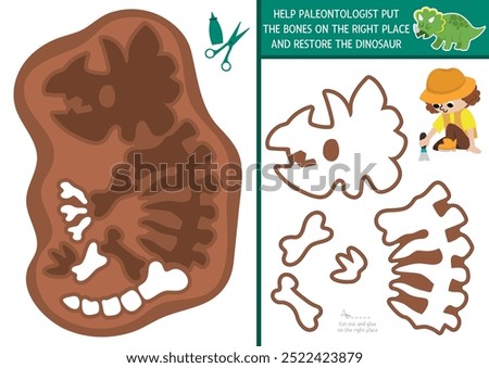 Restore the triceratops skeleton cut and glue activity. Dinosaur educational crafting game. Find missing part. Vector dino land printable page for kids with bones. Complete picture with paleontologist