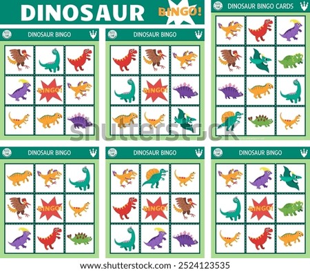 Vector dinosaur bingo cards set. Family lotto board game with Pterodactyl, Stegosaurus, Triceratops, T-Rex for kids. Prehistoric lottery activity. Simple educational printable worksheet
